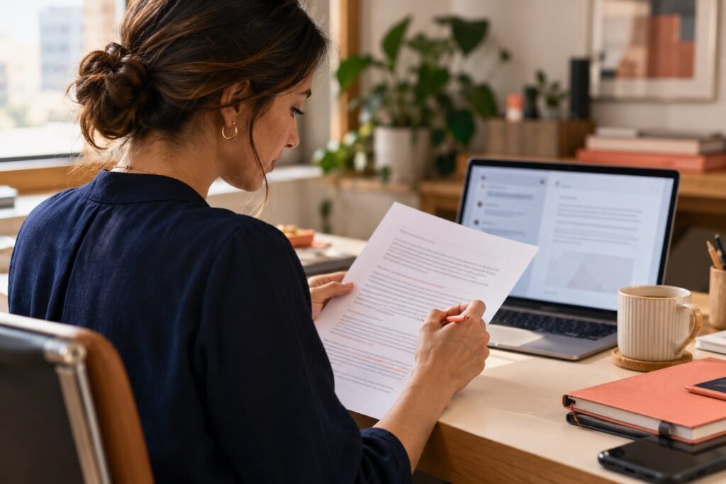 Profissional revisa um texto impresso com lápis ao lado de um notebook com uma interface de conversa.