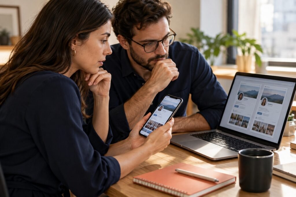 Dois profissionais comparam perfis semelhantes exibidos em um celular e em um notebook.